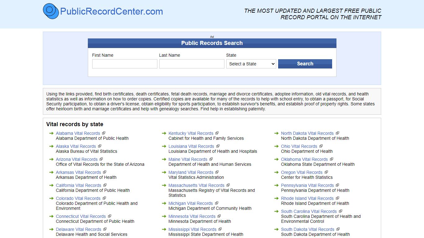 Free Vital Records Directory - Public record center